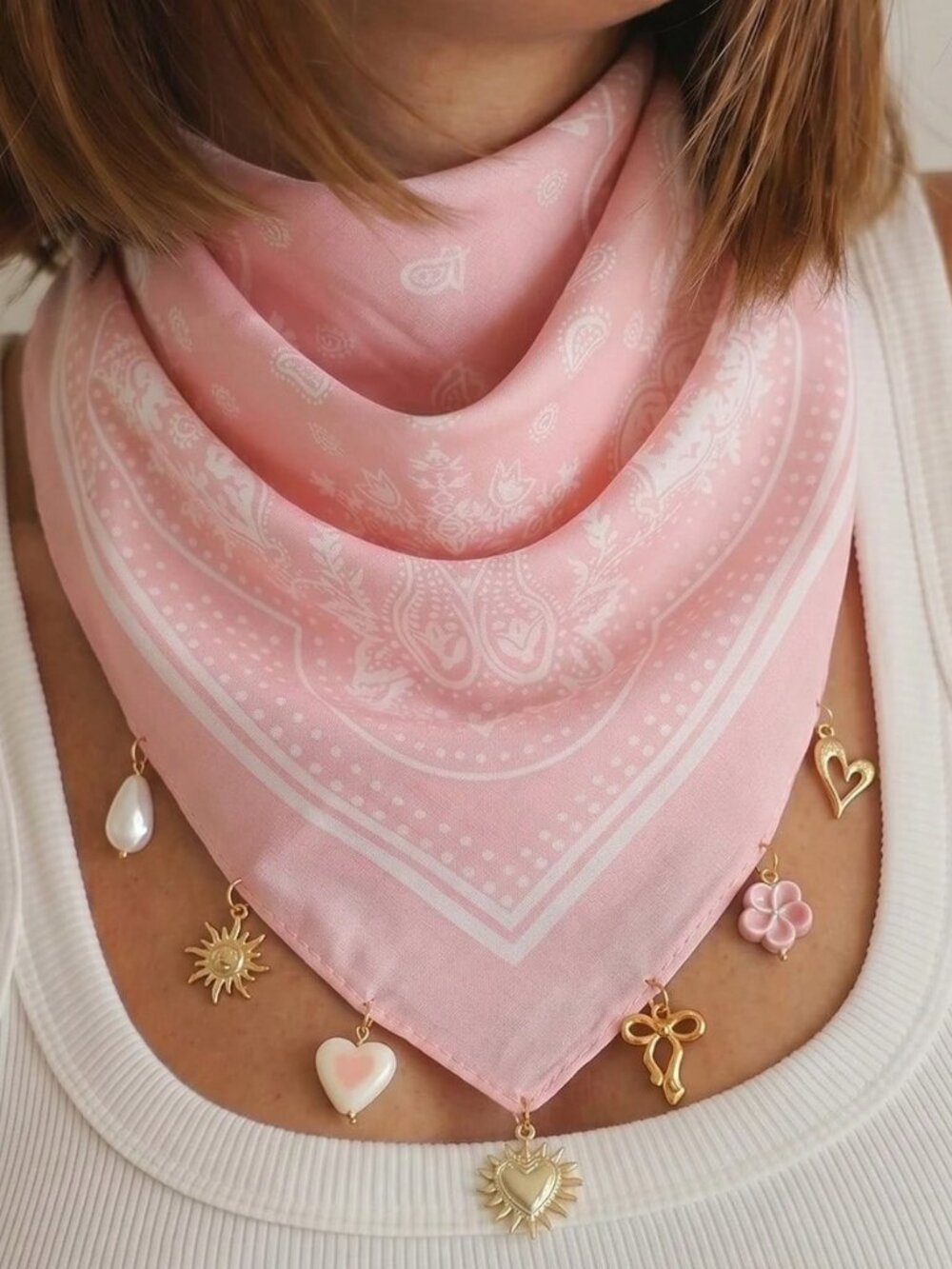 Pink Paisley Bandana Scarf Gold Heart Charm Boho 18.1"